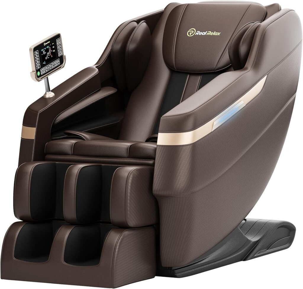 Real Relax Massage Chair Full Body, Zero Gravity Recliner Mode, LCD Touch Screen, 6 Auto Modes, Waist Heating, Foot Roller and Bluetooth Speaker, Fully Assembled, Brown