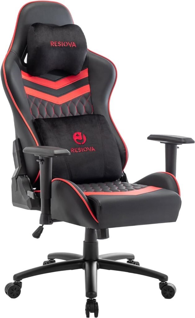 resiova Gaming Chair for Adults,Ergonomic Office Computer Chair Racing Desk Chair,High Back Gamer Chair with Velvet Headrest and Lumbar Support,Pu Leather 350LBS Video Game Chair(Black)