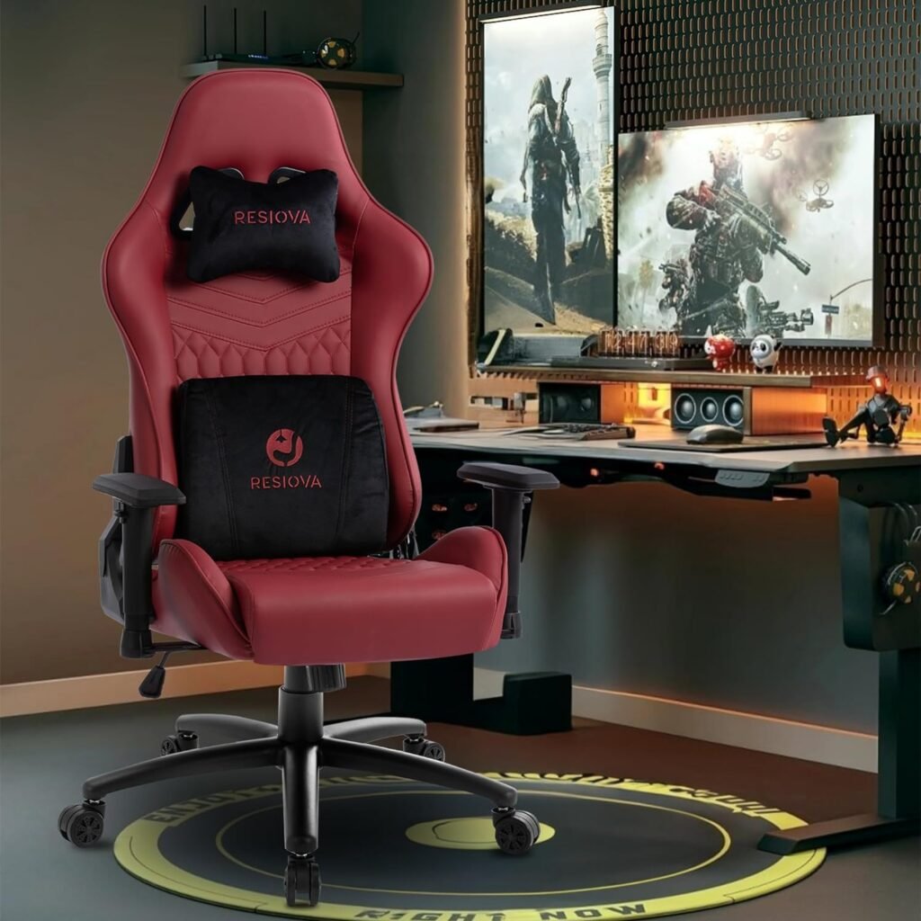 resiova Gaming Chair for Adults,Ergonomic Office Computer Chair Racing Desk Chair,High Back Gamer Chair with Velvet Headrest and Lumbar Support,Pu Leather 350LBS Video Game Chair(Black)