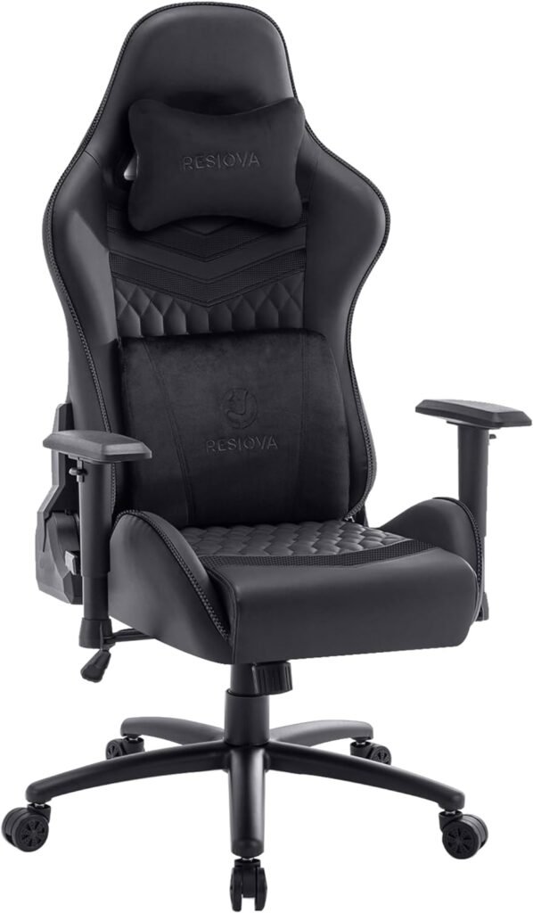 resiova Gaming Chair for Adults,Ergonomic Office Computer Chair Racing Desk Chair,High Back Gamer Chair with Velvet Headrest and Lumbar Support,Pu Leather 350LBS Video Game Chair(Black)