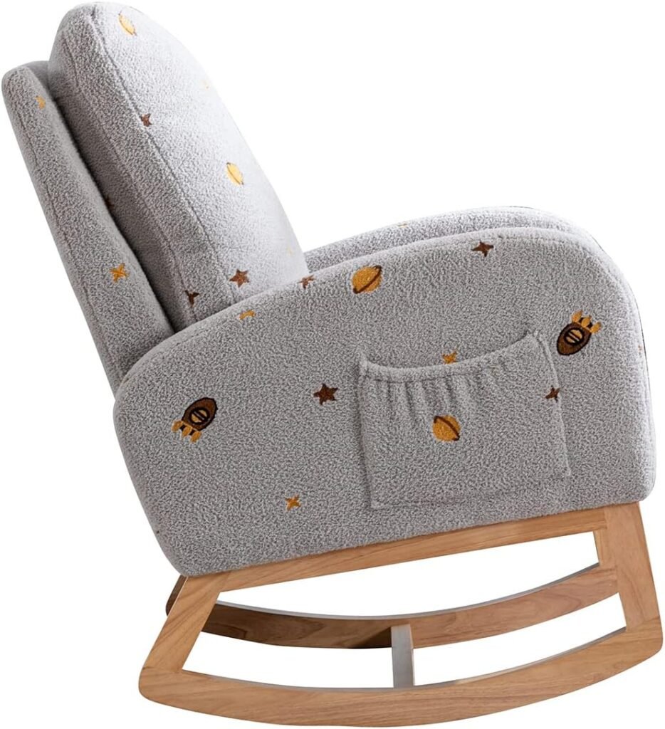 Rocking Chair Glider Chair for Nursery Upholstered Arm Chair with Side Pocket Accent Chair Nursery Rocking Chairs with High Back for Living Room Baby Kids Room Bedroom (Light Grey)