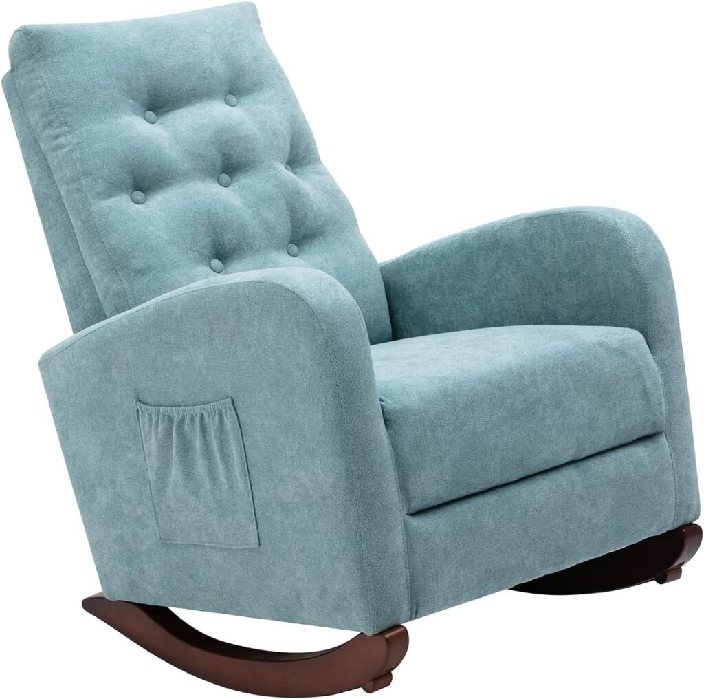 Rocking Chair, Modern High Back Nursery Rocking Armchair, Mid-Century Upholstered Accent Glider Rocker with Fabric Padded Seat for Baby, Adult, Old Man (Teal)