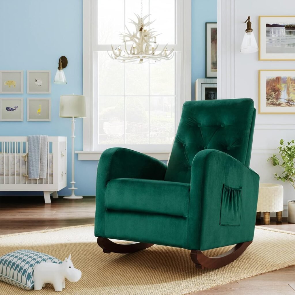 Rocking Chair, Modern High Back Nursery Rocking Armchair, Mid-Century Upholstered Accent Glider Rocker with Fabric Padded Seat for Baby, Adult, Old Man (Teal)