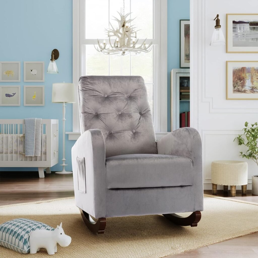 Rocking Chair, Modern High Back Nursery Rocking Armchair, Mid-Century Upholstered Accent Glider Rocker with Fabric Padded Seat for Baby, Adult, Old Man (Teal)