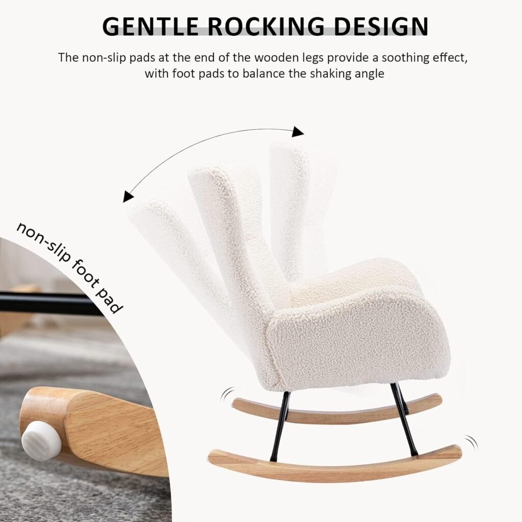 Rocking Chair Nursery, Comfy Teddy Fabric Upholstered Glider Rocker Nursing Armchair with Wooden Base,Baby Glider Rocker with Backrest, Small Gliding Seat for Nursery, Living Room, Bedroom (Grey)