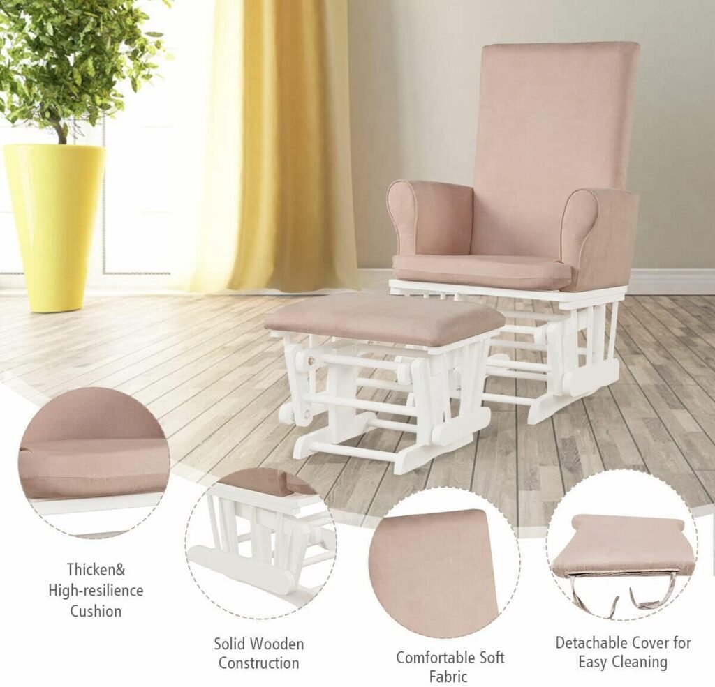 Rocking Chair Solid Premium Comfort Practical Wood Construction, Incredibly Smooth Quiet Gliding Baby Nursery Relax Chair Glider Ottoman Set with Cushion