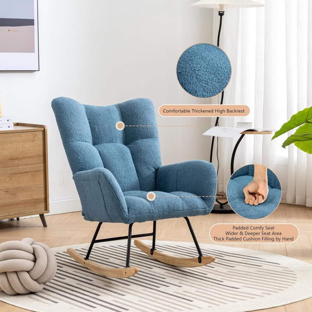 Rocking Chair Teddy Velvet Fabric Upholstered Rocking Chair Nursery Thick Cushion Wingback Glider Rocker with Safe Solid Wood Base Comfy High Back Arm Chair for Living Room Bedroom Balcony, Blue