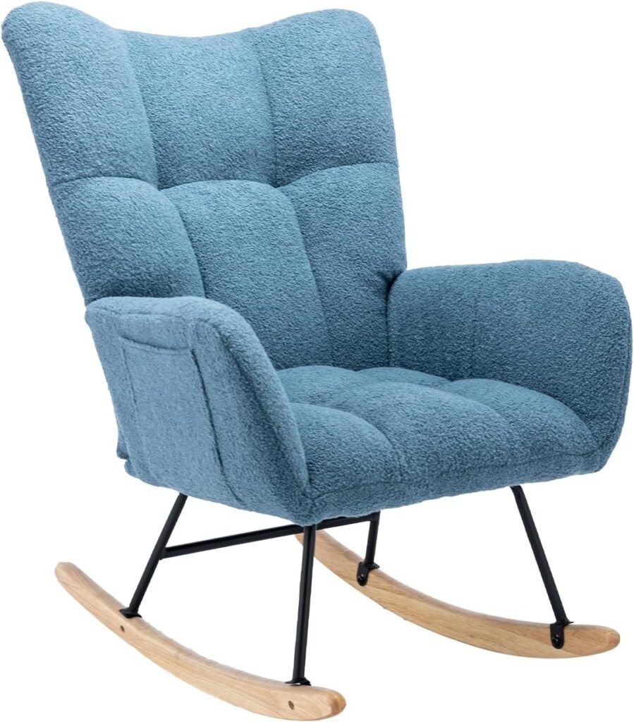 Rocking Chair Teddy Velvet Fabric Upholstered Rocking Chair Nursery Thick Cushion Wingback Glider Rocker with Safe Solid Wood Base Comfy High Back Arm Chair for Living Room Bedroom Balcony, Blue