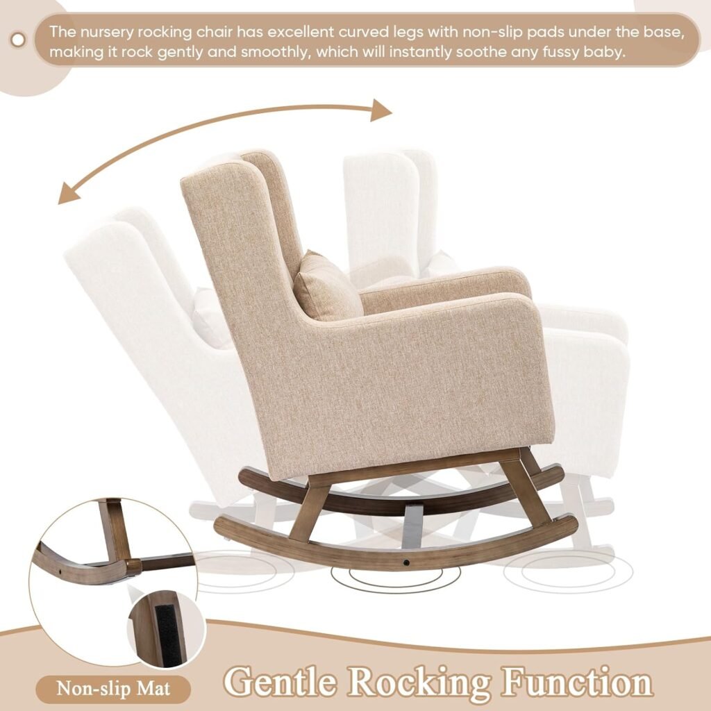 Rocking Glider Chair for Nursery, Wingback Linen Accent Rocker Chair Upholstered Tall Back Arm Chair w/Lumbar Pillow, Modern Leisure Single Sofa for Living Room, Hotel, Bedroom, Baby Room, Dark Grey