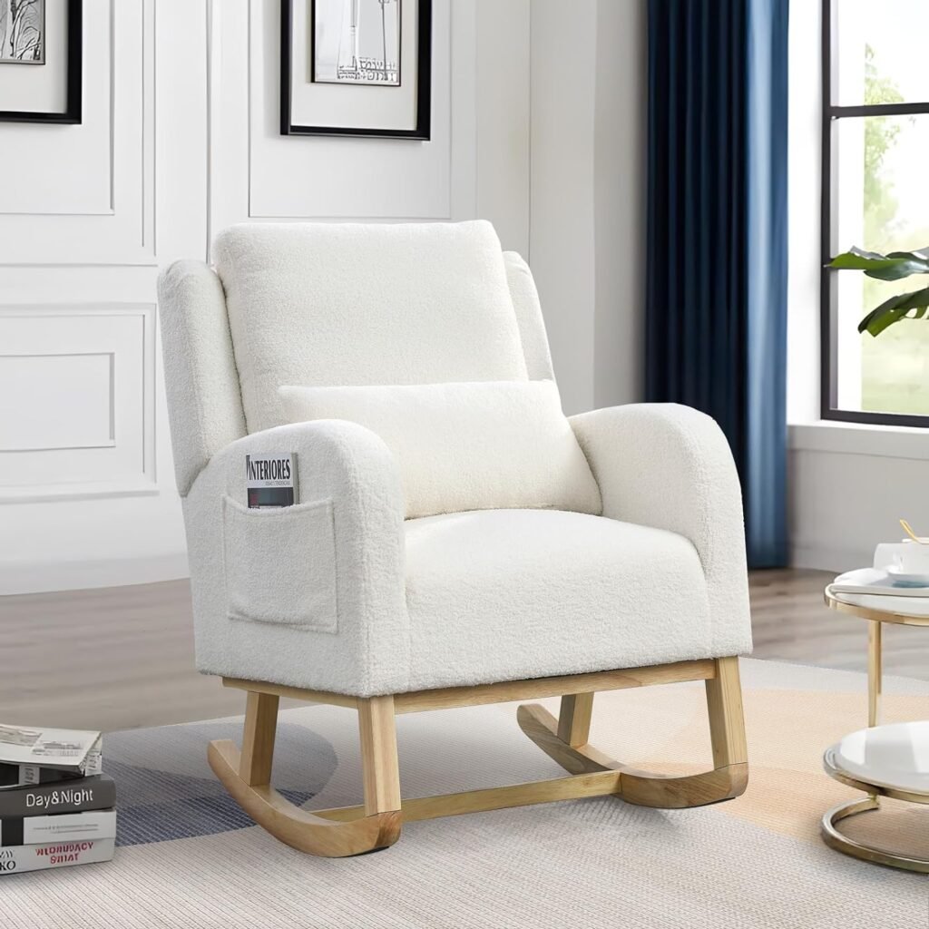 Rocking Glider Chair for Nursery, Wingback Teddy Accent Rocker Chair Upholstered Tall Back Arm Chair w/Side Pockets, Modern Leisure Single Sofa for Living Room, Hotel, Bedroom, Baby Room, White