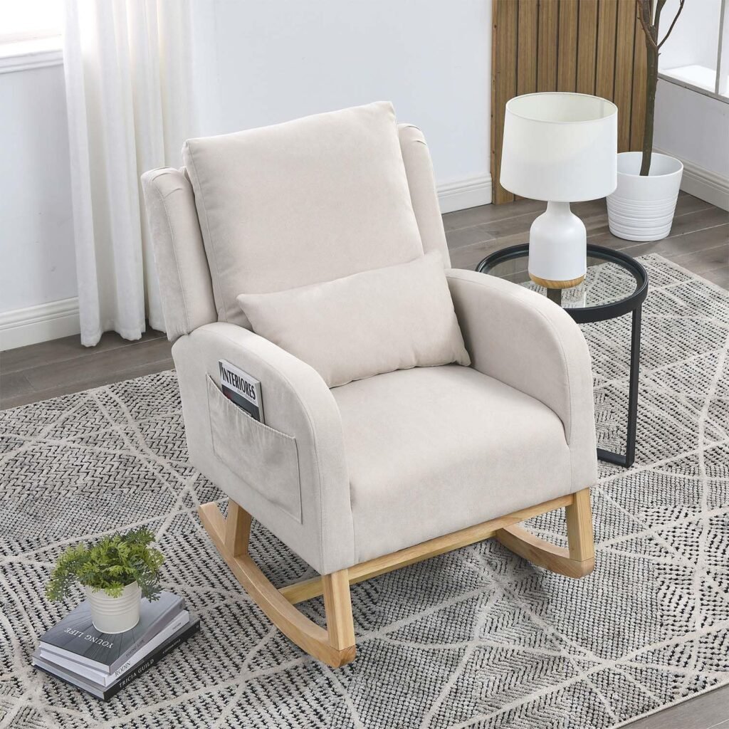 Rocking Glider Chair for Nursery, Wingback Teddy Accent Rocker Chair Upholstered Tall Back Arm Chair w/Side Pockets, Modern Leisure Single Sofa for Living Room, Hotel, Bedroom, Baby Room, White