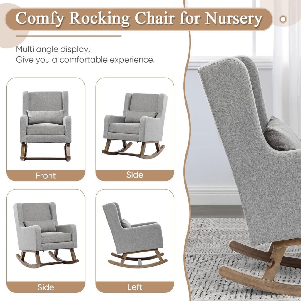 Rocking Glider Chair for Nursery, Wingback Teddy Accent Rocker Chair Upholstered Tall Back Arm Chair w/Side Pockets, Modern Leisure Single Sofa for Living Room, Hotel, Bedroom, Baby Room, White