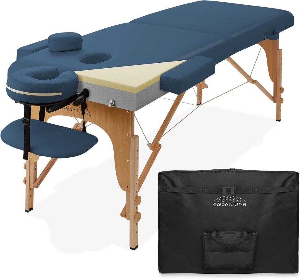 Saloniture Professional Memory Foam Folding Massage Table - Portable with Carrying Case, Blue