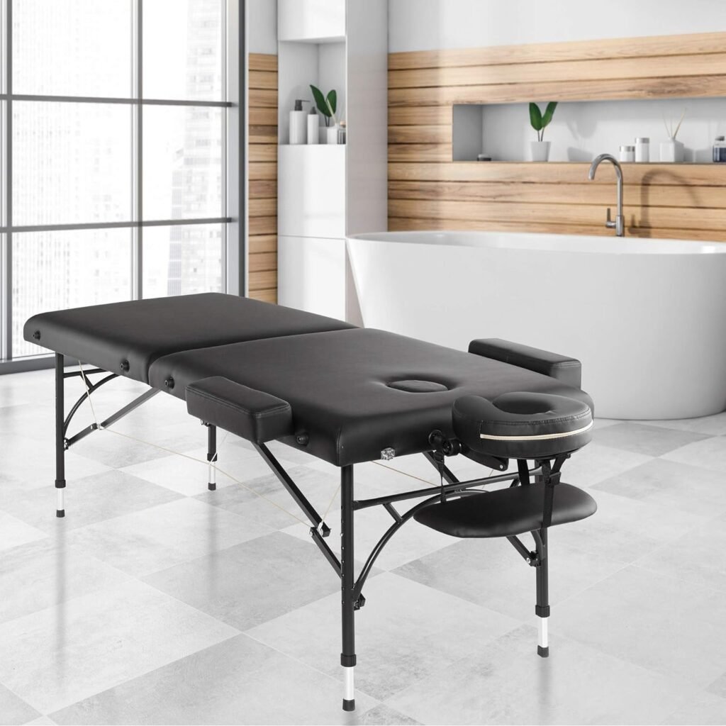 Saloniture Professional Portable Lightweight Bi-Fold Massage Table with Aluminum Legs - Includes Headrest, Face Cradle, Armrests and Carrying Case - Black : Beauty  Personal Care