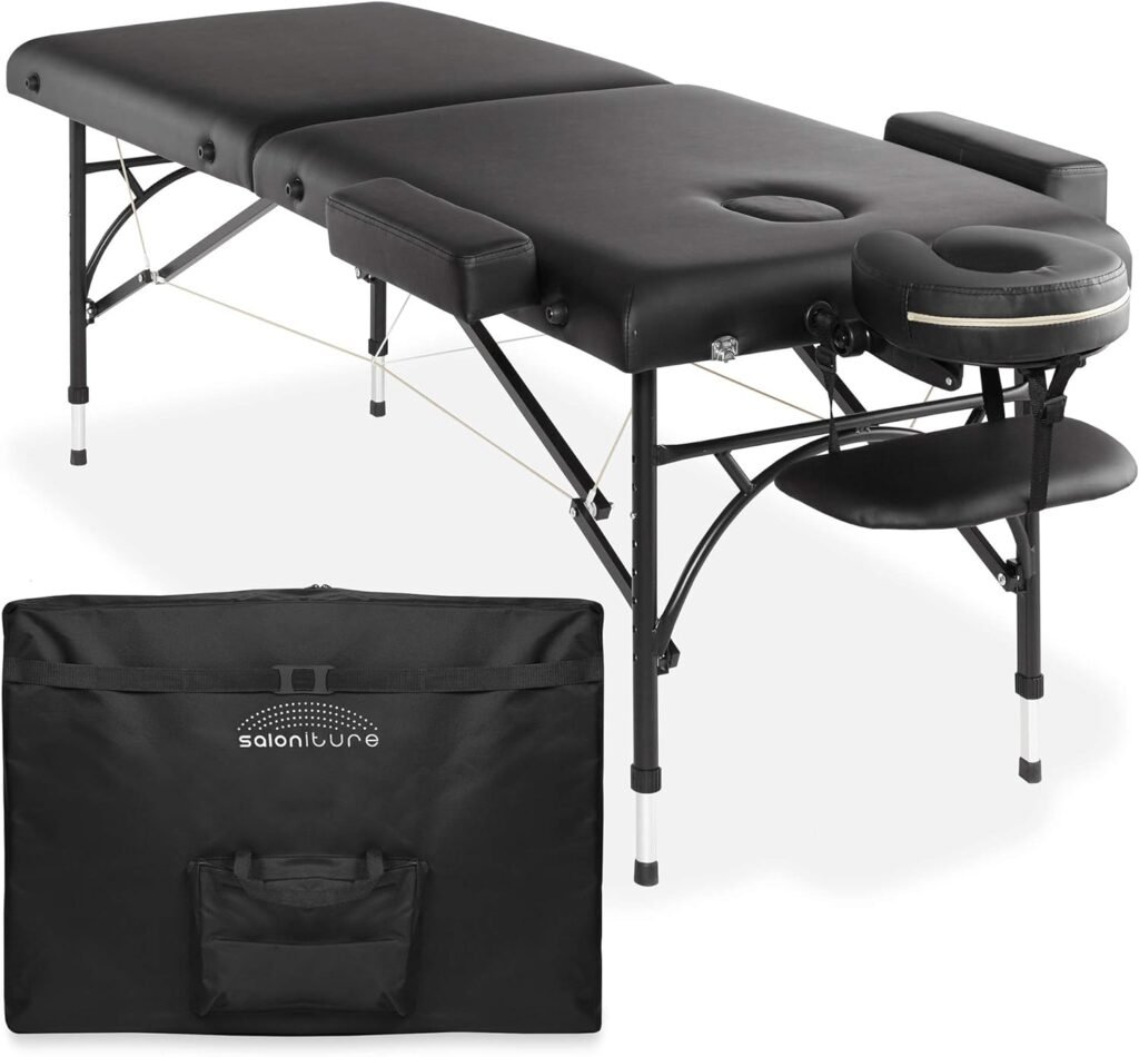 Saloniture Professional Portable Lightweight Bi-Fold Massage Table with Aluminum Legs - Includes Headrest, Face Cradle, Armrests and Carrying Case - Black : Beauty  Personal Care