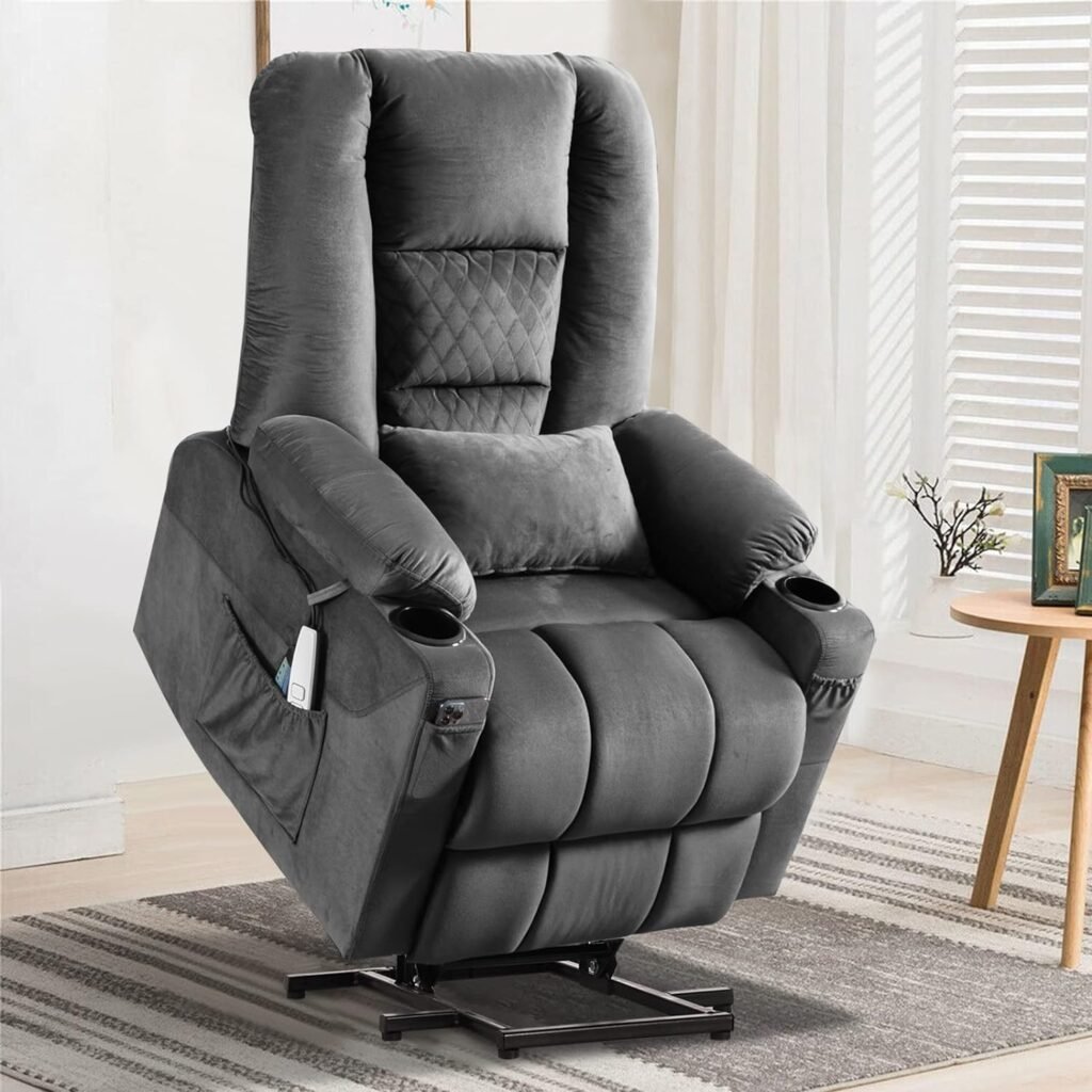 SAMERY Power Lift Recliner Chair for Elderly, Electric Lift Chair with Heat and Massage, Velvet Recliner Home Theater Seating with Cup Holders/USB Ports/Lumbar Pillow for Living Room…