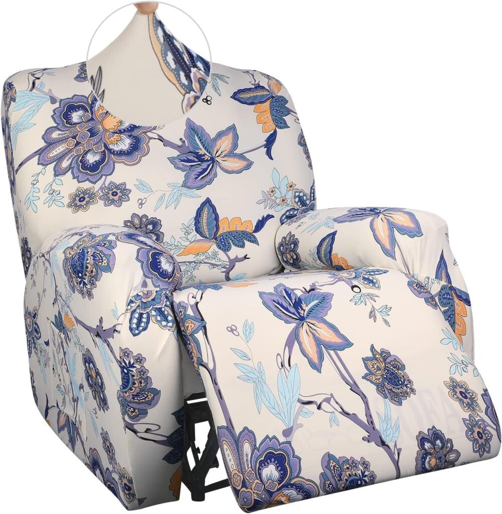 SearchI Recliner Slipcover Stretch Printed Lazy Boy Chair Covers 4-Pieces Floral Patterned Sofa Slipcover with Side Pocket for Rocking Recliner, Furniture Protector Soft with Elastic Bottom Spandex