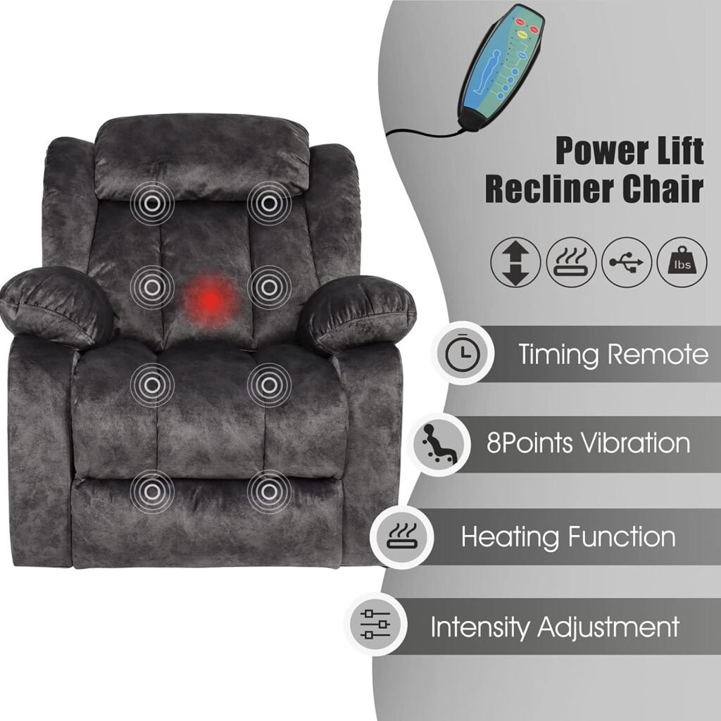 SELLERWE Electric Power Lift Recliner Chair Sofa for Elderly with Heat  Vibration Massage, Remote Control, 3 Positions, 2 Side Pockets and Cup Holders, USB Ports (Dark Grey)