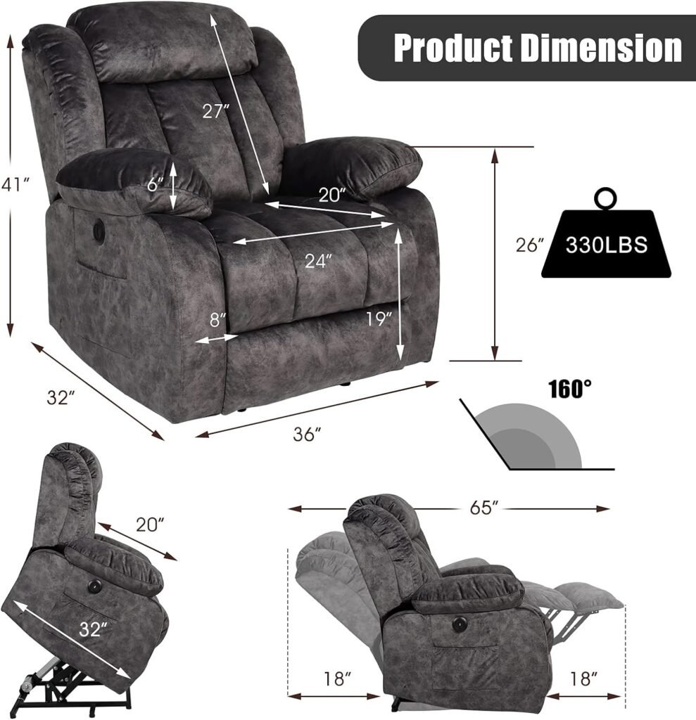 SELLERWE Electric Power Lift Recliner Chair Sofa for Elderly with Heat  Vibration Massage, Remote Control, 3 Positions, 2 Side Pockets and Cup Holders, USB Ports (Dark Grey)