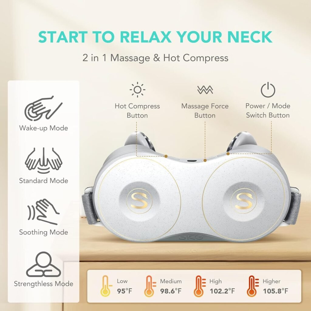 SKG H7 Shiatsu Neck and Shoulder Massager, Neck Massager with Heat for Pain Relief Deep Tissue, 4D Electric Kneading Massager with 4 Heating Levels and Massage Modes to Relax at Home, Office