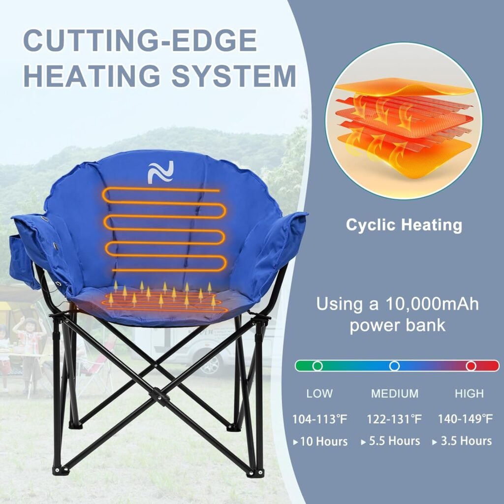 Slsy Heated Camping Chair Oversized, Outdoor Portable Heated Folding Chairs, Heated Foldable Chair Seat Supports 500 lbs, Heating Chair for Outdoor Sports, Camping, Patio, and Picnics