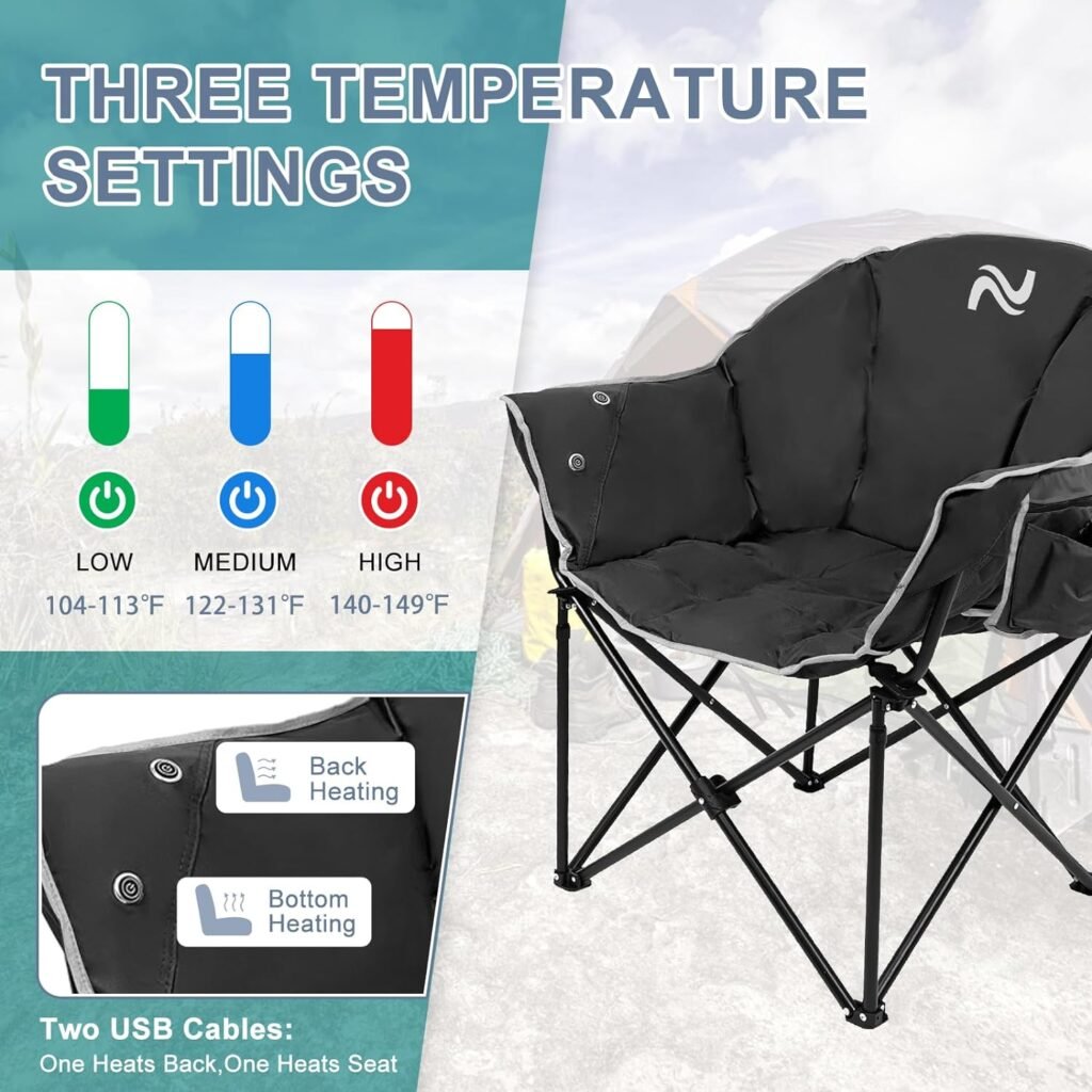 Slsy Heated Camping Chair Oversized, Outdoor Portable Heated Folding Chairs, Heated Foldable Chair Seat Supports 500 lbs, Heating Chair for Outdoor Sports, Camping, Patio, and Picnics