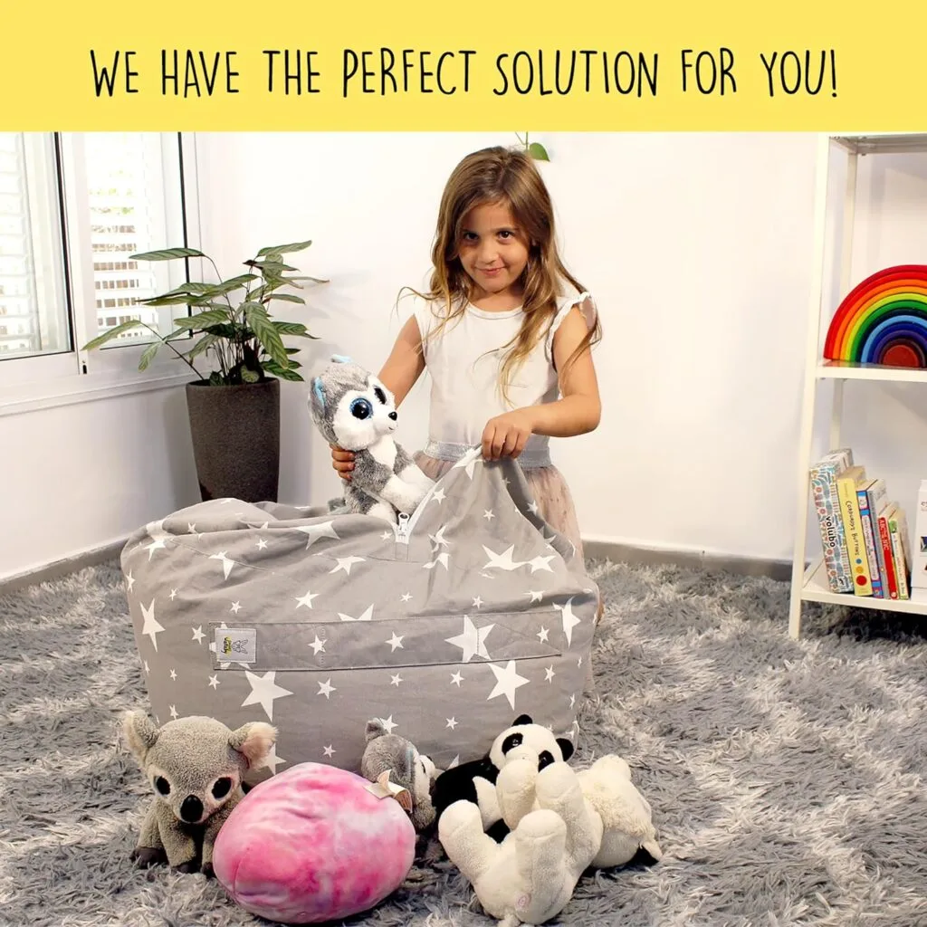 SMART WALLABY Stuffed Animal Storage, Bean Bag Chairs for Kids, 100% Cotton Washable Plush Animal Storage. Room Organization for Stuff Animal, Linens, Quilts  Pillows | Round | Twinkle Twinkle
