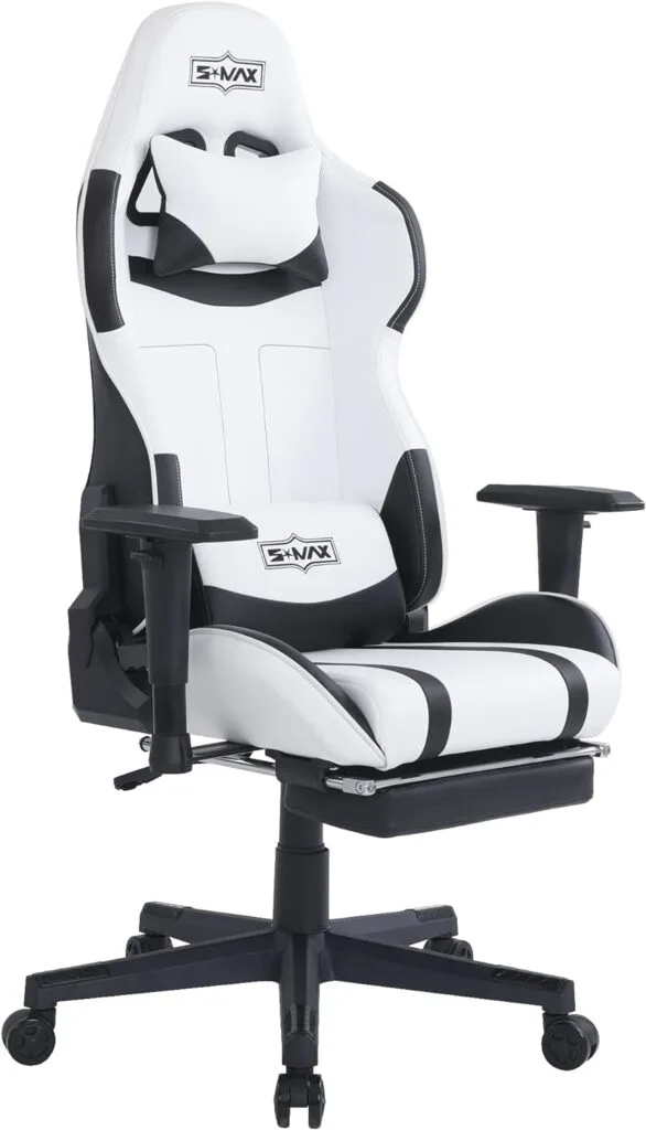 S*MAX White Gaming Chair with Footrest Ergonomic Gaming Chair Racing Grade PU Leather Adjustable Headrest Lumbar Support Gamer Chair High Back Gaming Chairs for Adults S*MAX White Gaming Chair with Footrest Ergonomic Gaming Chair Racing Grade PU Leather Adjustable Headrest Lumbar Support Gamer Chair High Back Gaming Chairs for Adults