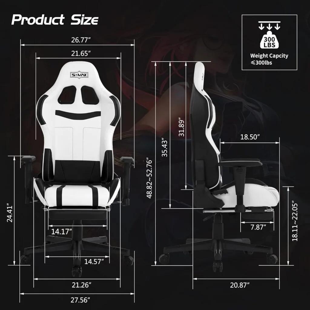S*MAX White Gaming Chair with Footrest Ergonomic Gaming Chair Racing Grade PU Leather Adjustable Headrest Lumbar Support Gamer Chair High Back Gaming Chairs for Adults S*MAX White Gaming Chair with Footrest Ergonomic Gaming Chair Racing Grade PU Leather Adjustable Headrest Lumbar Support Gamer Chair High Back Gaming Chairs for Adults
