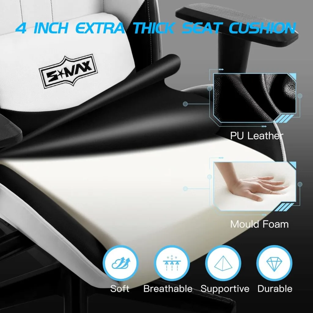 S*MAX White Gaming Chair with Footrest Ergonomic Gaming Chair Racing Grade PU Leather Adjustable Headrest Lumbar Support Gamer Chair High Back Gaming Chairs for Adults S*MAX White Gaming Chair with Footrest Ergonomic Gaming Chair Racing Grade PU Leather Adjustable Headrest Lumbar Support Gamer Chair High Back Gaming Chairs for Adults
