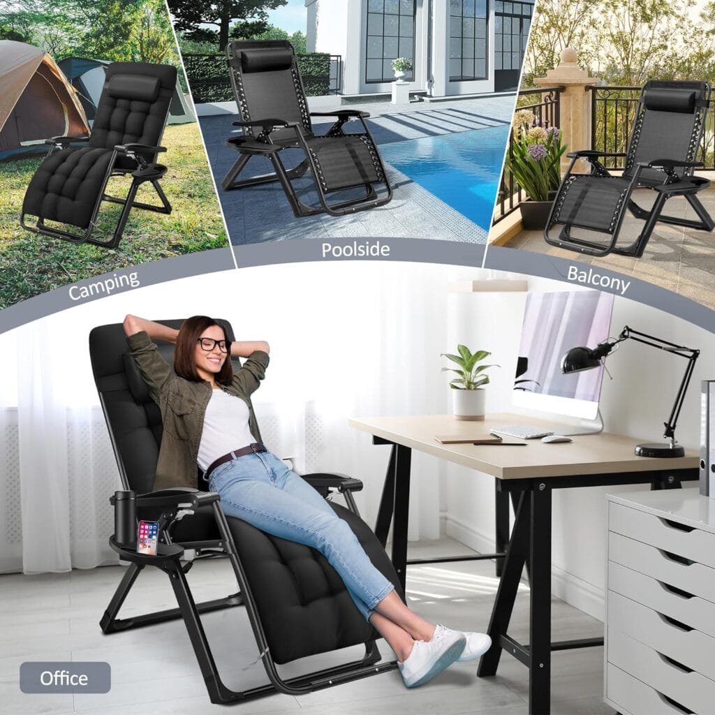 Spurgehom Padded Zero Gravity Chair, Folding Portable Reclining Lawn Chair, Patio Recliner Lounge Chaise with Detachable Cushion,Cup Holder,Headrest for Outdoor/Indoor,Support to 500lbs,Grey Cushion