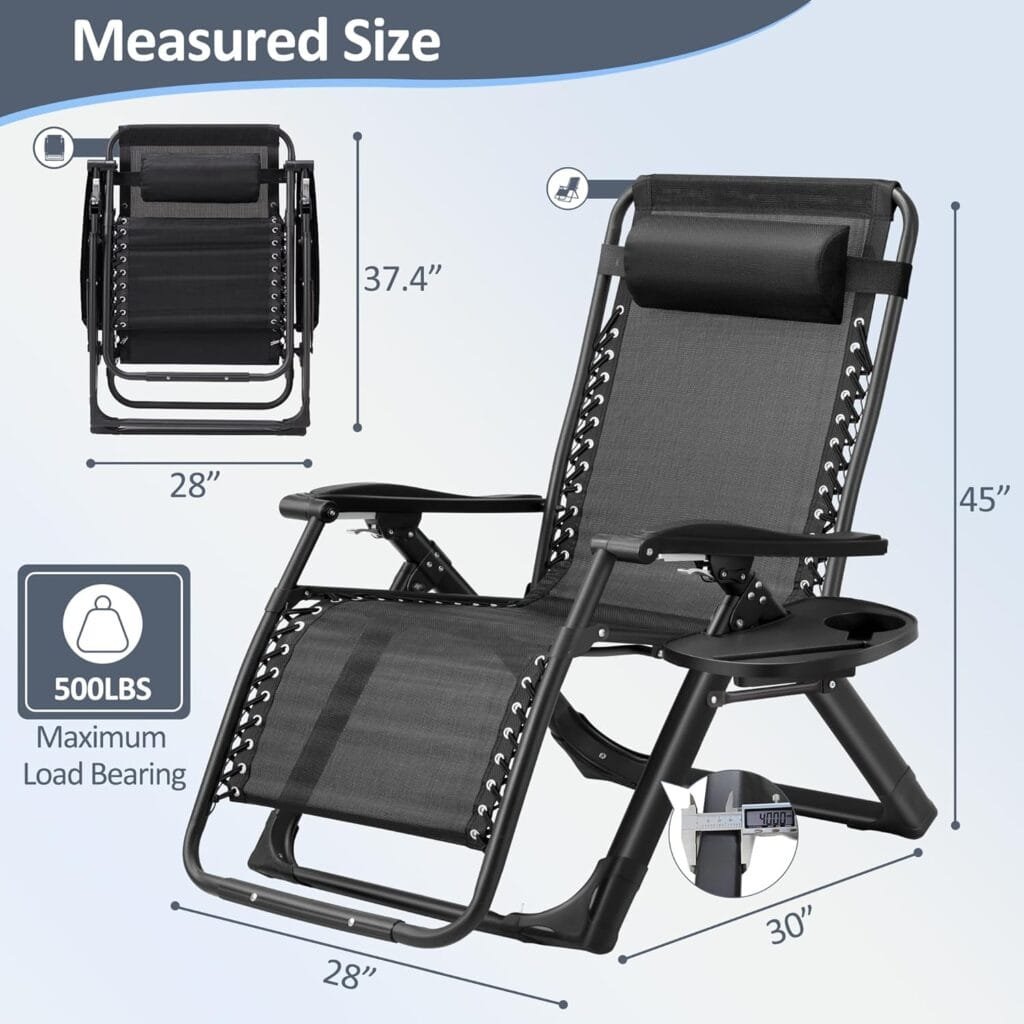 Spurgehom Padded Zero Gravity Chair, Folding Portable Reclining Lawn Chair, Patio Recliner Lounge Chaise with Detachable Cushion,Cup Holder,Headrest for Outdoor/Indoor,Support to 500lbs,Grey Cushion