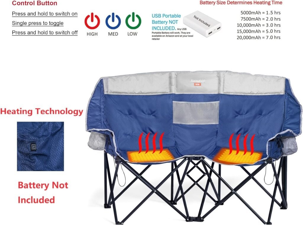 SUNNYFEEL Heated Double Camping Chair, Oversized Folding Loveseat Chair, Heavy Duty Portable/Foldable Lawn Chair for Beach/Outdoor/Travel/Picnic, Fold Up Camp Chairs for Adults 2 People