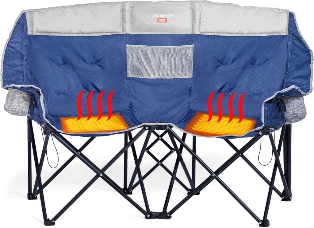 SUNNYFEEL Heated Double Camping Chair, Oversized Folding Loveseat Chair, Heavy Duty Portable/Foldable Lawn Chair for Beach/Outdoor/Travel/Picnic, Fold Up Camp Chairs for Adults 2 People