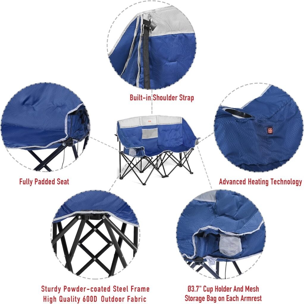 SUNNYFEEL Heated Double Camping Chair, Oversized Folding Loveseat Chair, Heavy Duty Portable/Foldable Lawn Chair for Beach/Outdoor/Travel/Picnic, Fold Up Camp Chairs for Adults 2 People