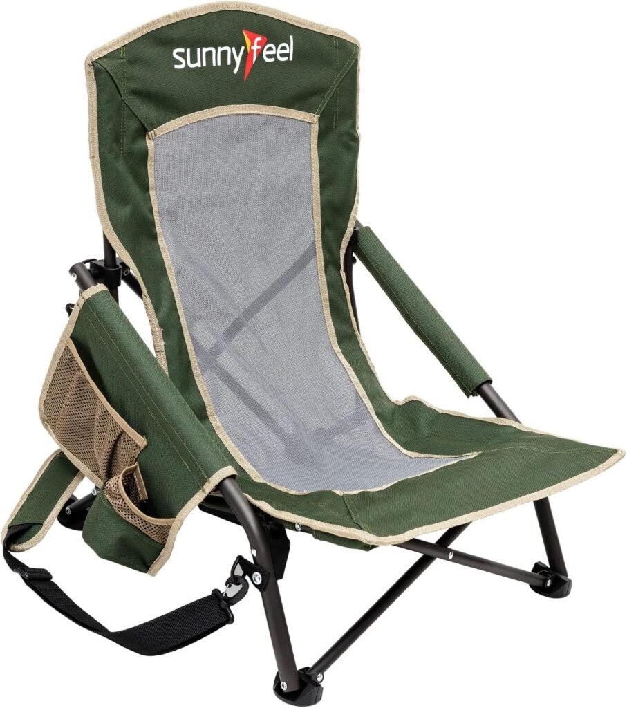 SUNNYFEEL Low Folding Beach Chair for Adults, Portable Lightweight Sling Beach Camping Chairs with Cup Holder, Armrest,Foldable Camp Lawn Chair for Outdoor Sand Concert Travel Sport Events,300LBS