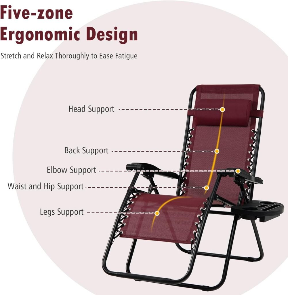 Tangkula Zero Gravity Chair, Folding Patio Lounge Chair Adjustable Outdoor Recliner with Cup Holder, Wide Armrest for Patio Garden Poolside Outdoor Yard Beach, Support 350 lbs (1, Wine)