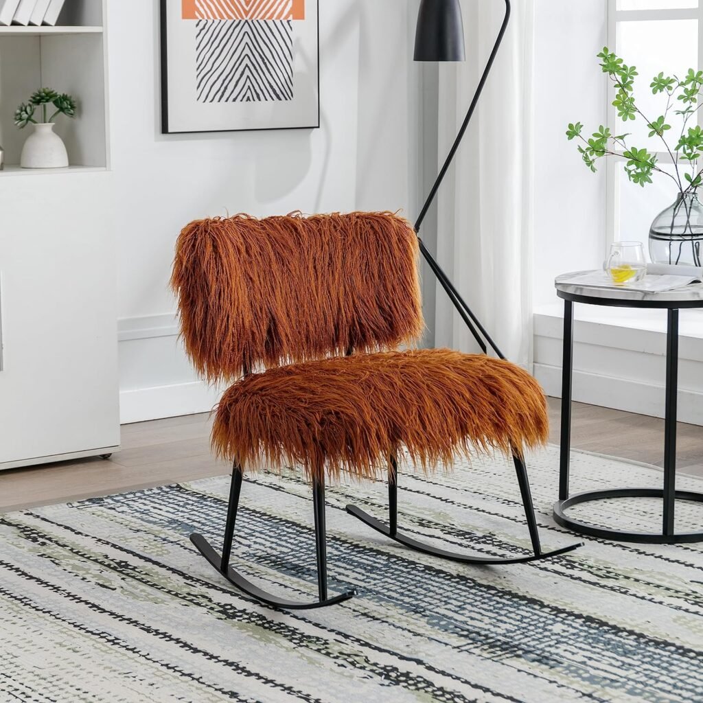 TARTOP 25.2 Wide Faux Fur Plush Nursery Rocking, Baby Nursing Metal Rocker, Fluffy Upholstered Glider, Comfy Mid Century Modern Chair for Living Room, Bedroom,Caramel