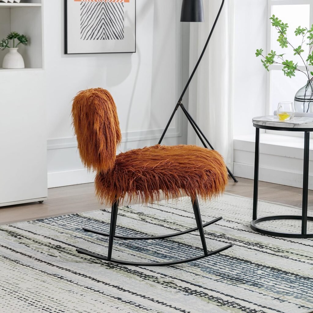 TARTOP 25.2 Wide Faux Fur Plush Nursery Rocking, Baby Nursing Metal Rocker, Fluffy Upholstered Glider, Comfy Mid Century Modern Chair for Living Room, Bedroom,Caramel