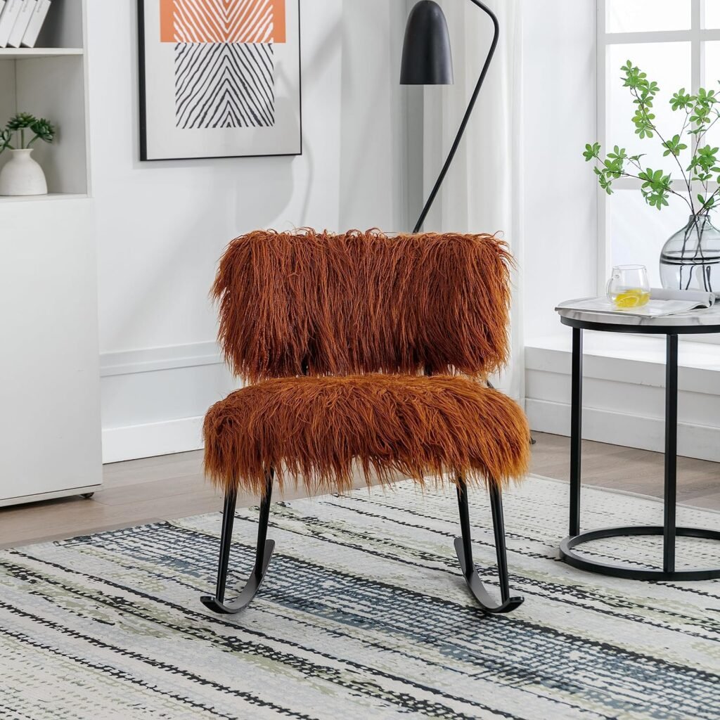 TARTOP 25.2 Wide Faux Fur Plush Nursery Rocking, Baby Nursing Metal Rocker, Fluffy Upholstered Glider, Comfy Mid Century Modern Chair for Living Room, Bedroom,Caramel