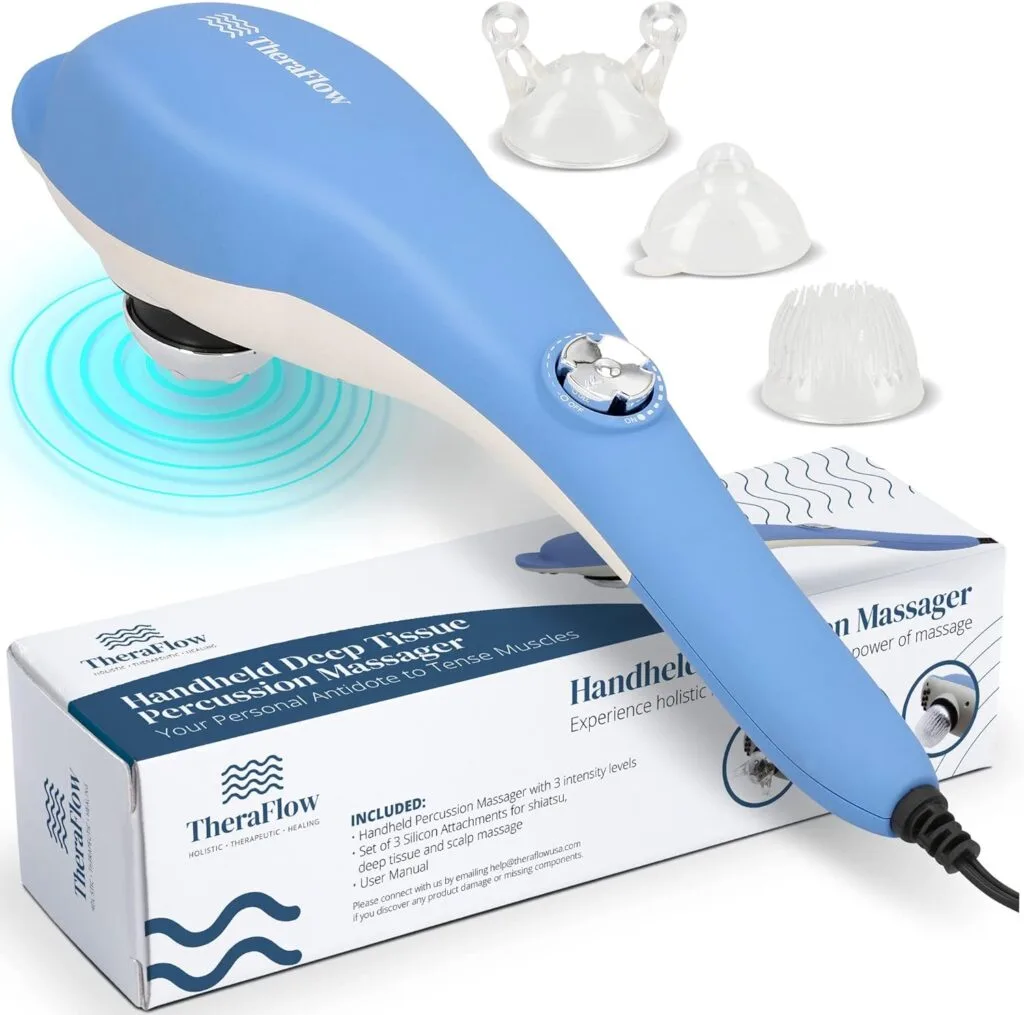 TheraFlow Deep Tissue Percussion Massager - Handheld Back Massager for Neck, Muscle, Shoulder, Foot, Leg, Calf Pain Relief - Electric, Full-Body Massage - 3 Adjustable Heads and 3 Speeds TheraFlow Deep Tissue Percussion Massager - Handheld Back Massager for Neck, Muscle, Shoulder, Foot, Leg, Calf Pain Relief - Electric, Full-Body Massage - 3 Adjustable Heads and 3 Speeds