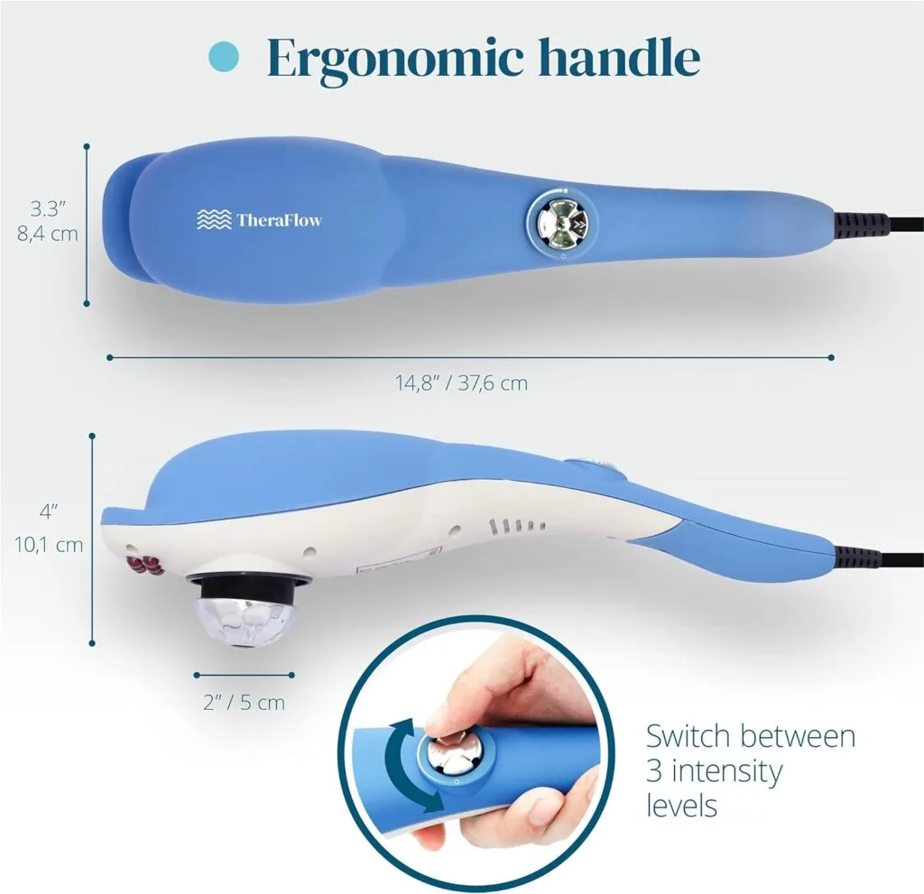 TheraFlow Deep Tissue Percussion Massager - Handheld Back Massager for Neck, Muscle, Shoulder, Foot, Leg, Calf Pain Relief - Electric, Full-Body Massage - 3 Adjustable Heads and 3 Speeds TheraFlow Deep Tissue Percussion Massager - Handheld Back Massager for Neck, Muscle, Shoulder, Foot, Leg, Calf Pain Relief - Electric, Full-Body Massage - 3 Adjustable Heads and 3 Speeds