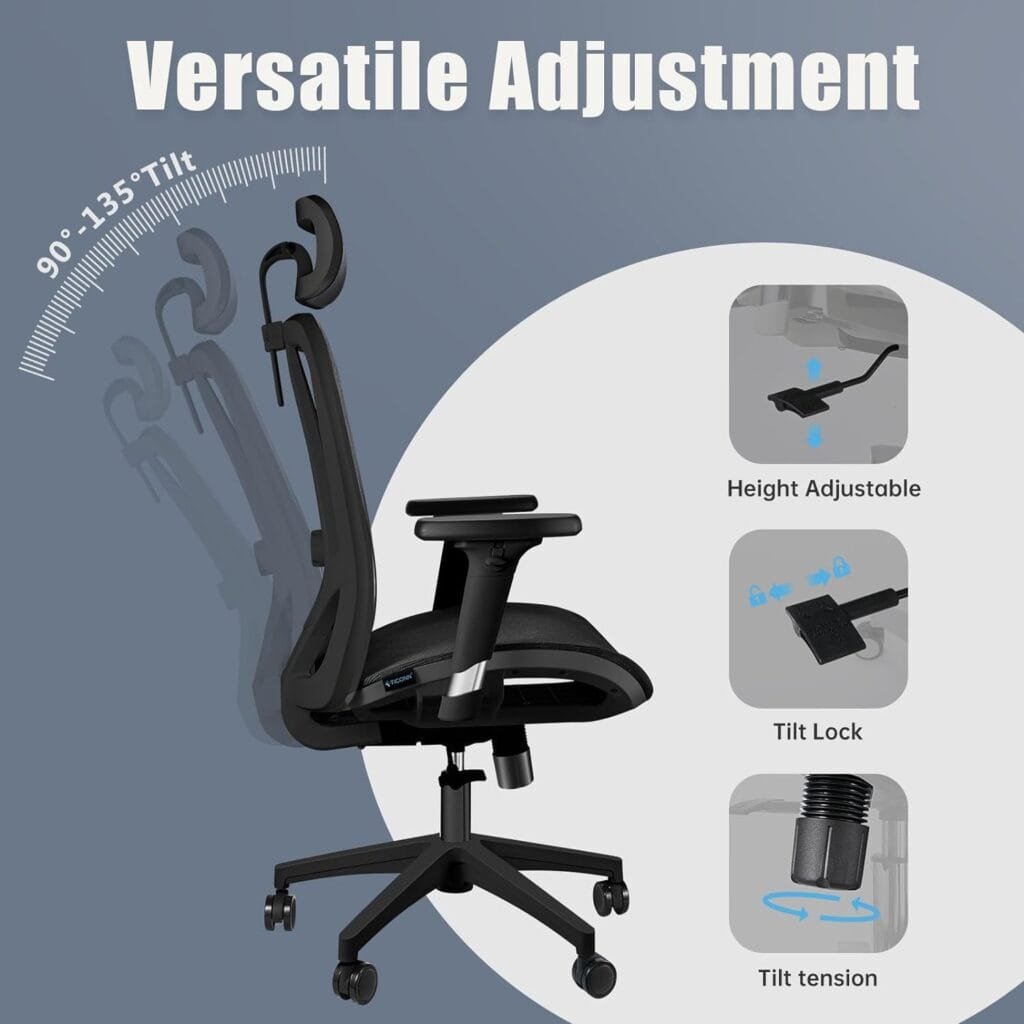 TICONN Big  Tall Ergonomic Office Chair, Home Office Desk Chairs with Wheels, Adjustable Headrest, 3D Adjustable Arm Rest, Lumbar Support (Black)
