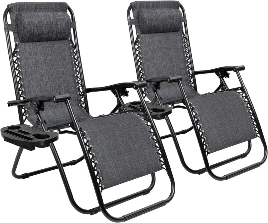 Tuoze Zero Gravity Adjustable Outdoor Folding Lounge Patio Chairs with Pillow Recliners for Poolside, Beach, Yard Set of 2, Light Grey