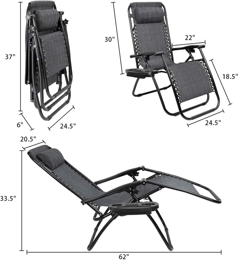 Tuoze Zero Gravity Adjustable Outdoor Folding Lounge Patio Chairs with Pillow Recliners for Poolside, Beach, Yard Set of 2, Light Grey