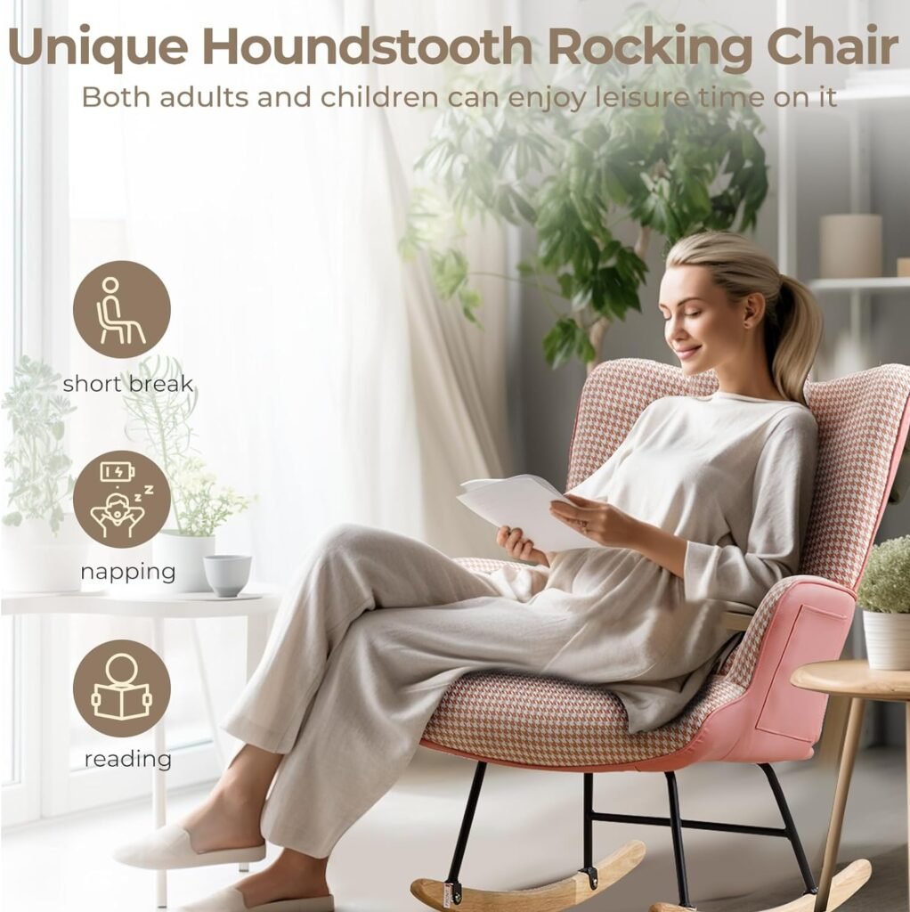 Unovivy Rocking Chair Nursery, Linen Leather Nursing Armchair with Wooden Base, Baby Glider Rocker with High Backrest  Headrest, Comfy Gliding Seat for Living Room, Bedroom, Office