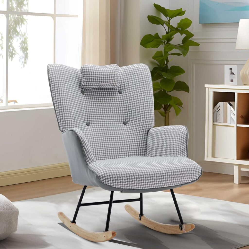 Unovivy Rocking Chair Nursery, Linen Leather Nursing Armchair with Wooden Base, Baby Glider Rocker with High Backrest  Headrest, Comfy Gliding Seat for Living Room, Bedroom, Office