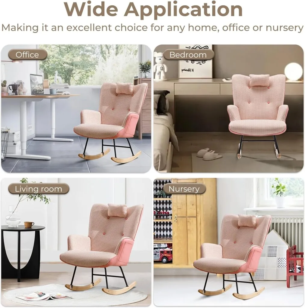 Unovivy Rocking Chair Nursery, Linen Leather Nursing Armchair with Wooden Base, Baby Glider Rocker with High Backrest Headrest, Comfy Gliding Seat for Living Room, Bedroom, Office Unovivy Rocking Chair Nursery, Linen Leather Nursing Armchair with Wooden Base, Baby Glider Rocker with High Backrest Headrest, Comfy Gliding Seat for Living Room, Bedroom, Office