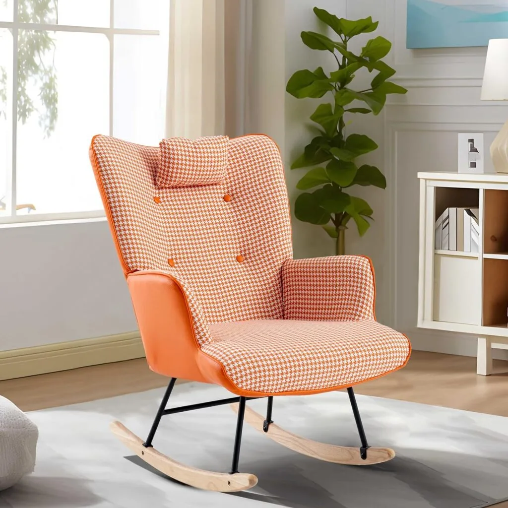Unovivy Rocking Chair Nursery, Linen Leather Nursing Armchair with Wooden Base, Baby Glider Rocker with High Backrest Headrest, Comfy Gliding Seat for Living Room, Bedroom, Office Unovivy Rocking Chair Nursery, Linen Leather Nursing Armchair with Wooden Base, Baby Glider Rocker with High Backrest Headrest, Comfy Gliding Seat for Living Room, Bedroom, Office