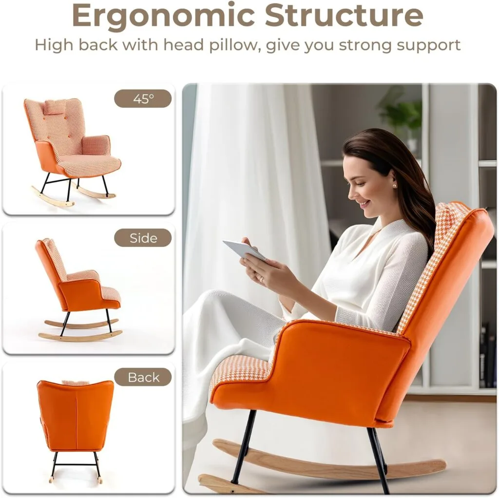 Unovivy Rocking Chair Nursery, Linen Leather Nursing Armchair with Wooden Base, Baby Glider Rocker with High Backrest Headrest, Comfy Gliding Seat for Living Room, Bedroom, Office Unovivy Rocking Chair Nursery, Linen Leather Nursing Armchair with Wooden Base, Baby Glider Rocker with High Backrest Headrest, Comfy Gliding Seat for Living Room, Bedroom, Office